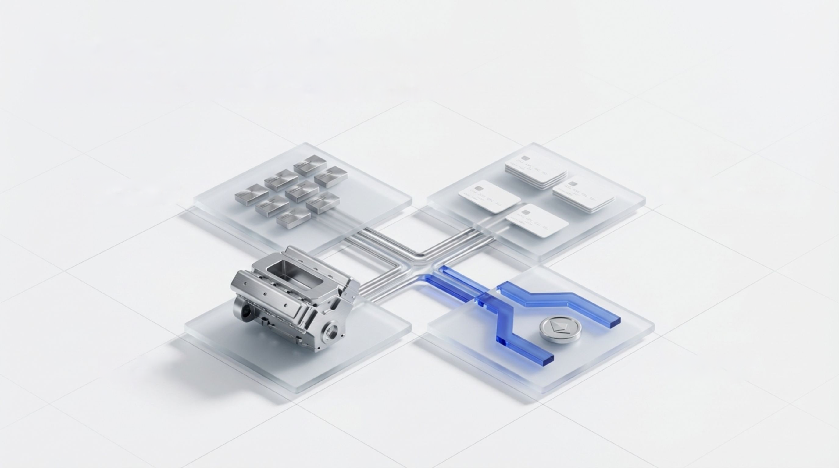 Nox trust layer, stacked translucent layers with metallic value rails on white